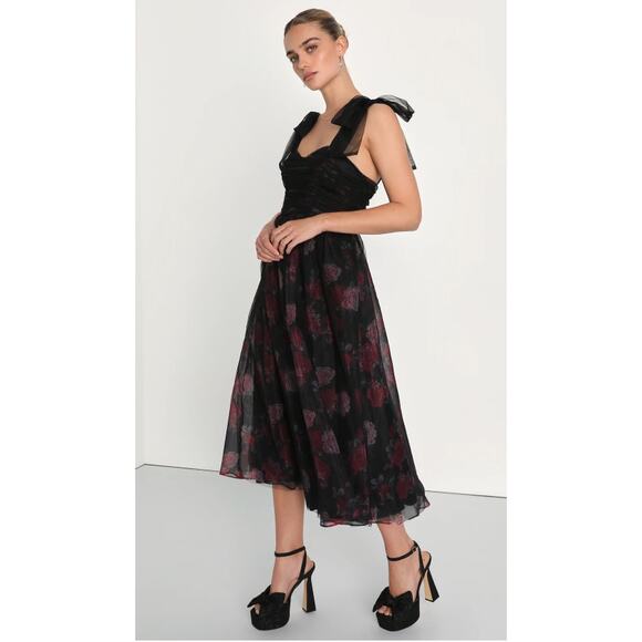 Lulus Striking Scene Black Floral Mesh Ruched Tie-Strap Midi Dress Size XL - Picture 9 of 11